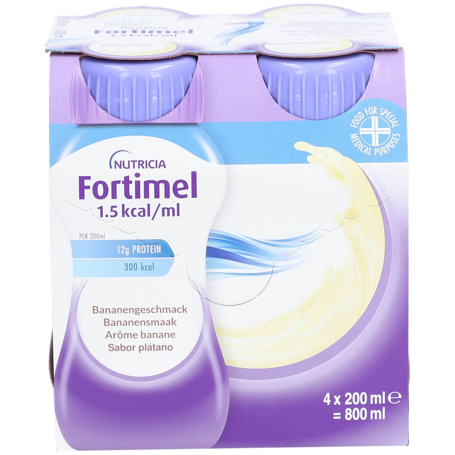 Emballage de quatre bouteilles Fortimel. Bouchons violets. Saveur banane. Contient 12g de protéines et 300 kcal.