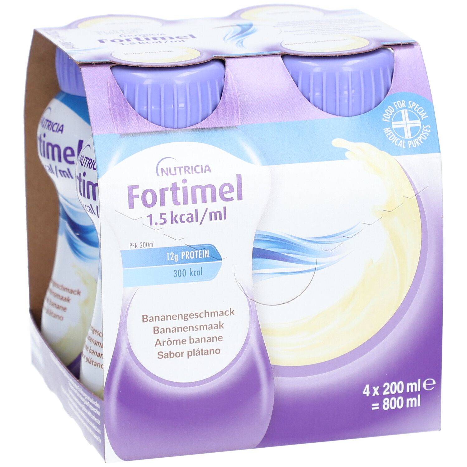 Emballage de quatre bouteilles Fortimel. Bouchons violets. Saveur banane. Contient 12g de protéines et 300 kcal.