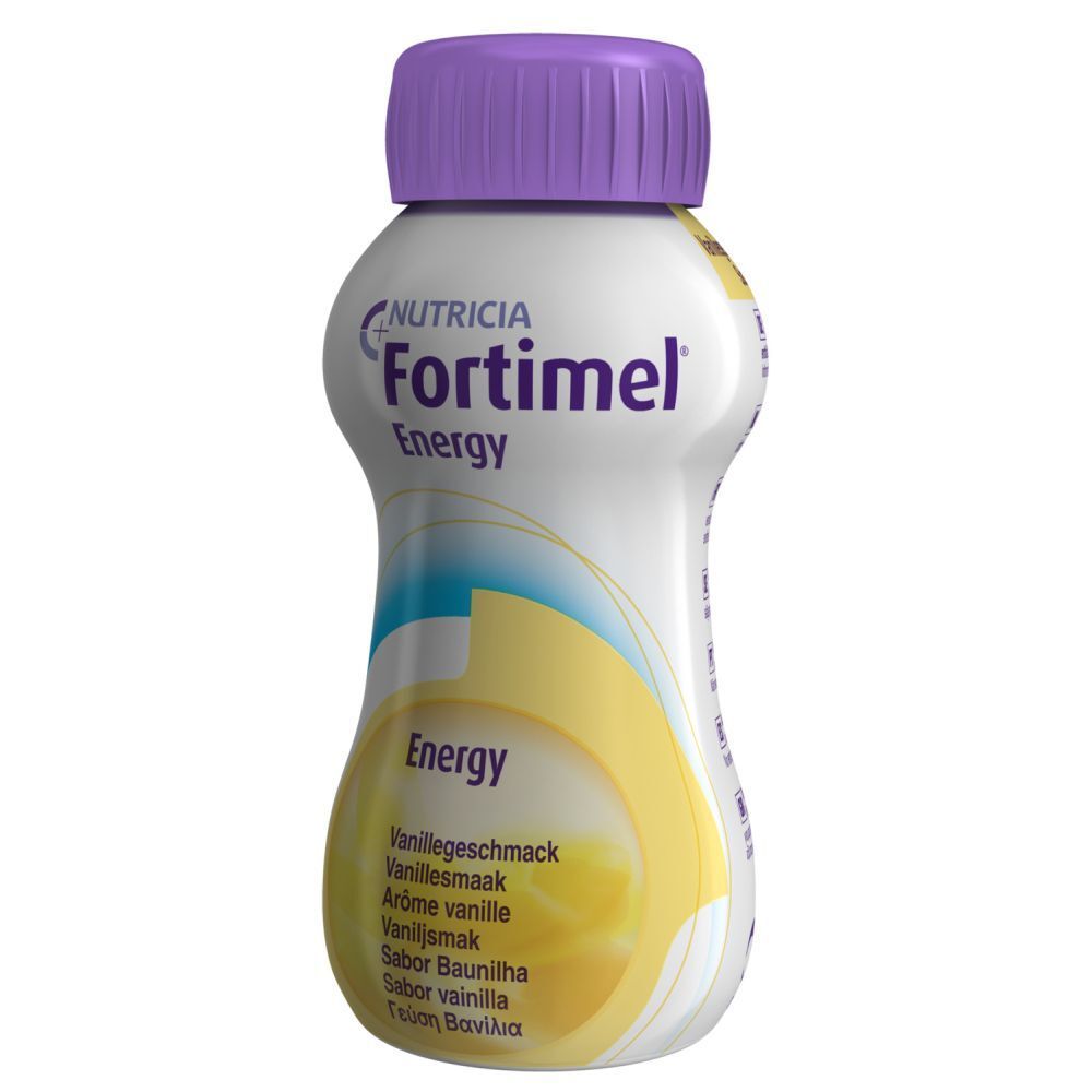 Enkele fles met paarse dop. Opschrift: Fortimel Energy, Vanille. Geel design. Flesvormig.