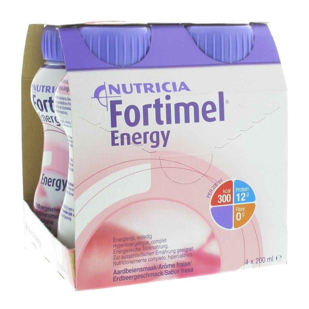 Emballage de quatre bouteilles Fortimel Energy Fraise. Bouchons violets, étiquette blanche avec informations.