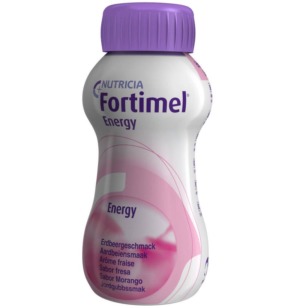 Bouteille individuelle Fortimel Energy Fraise. Bouchon violet, étiquette blanche avec informations.