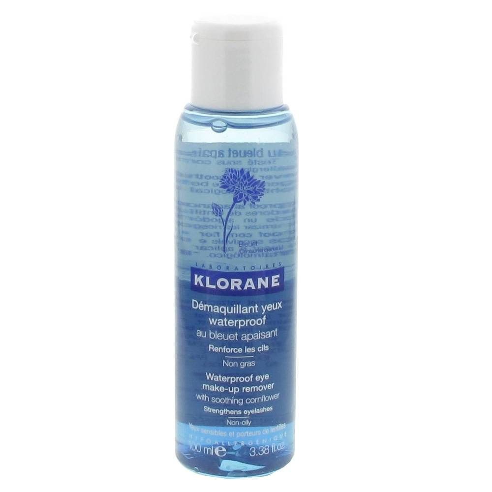 Klorane waterproof oogmake-up remover. Blauwe vloeistof in fles met witte dop. Tekst: Démaquillant yeux waterproof au bleuet apaisant.