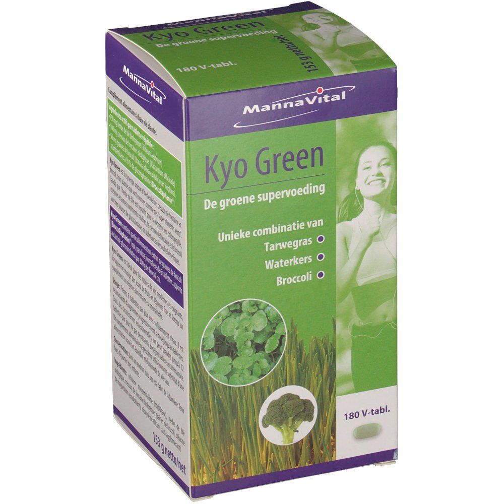 Boîte de Kyo Green avec logo et nom. Contient 180 comprimés. Illustration d'herbe de blé, cresson et brocoli.