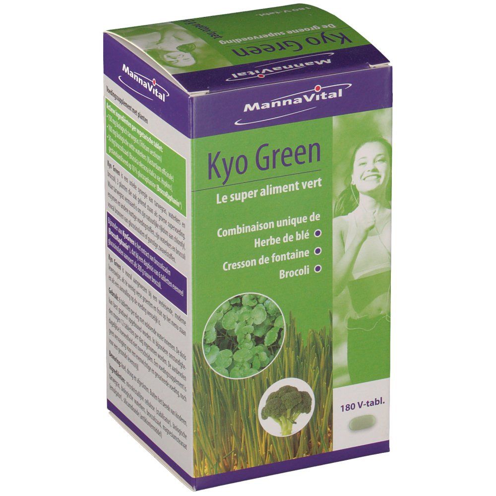 Boîte de Kyo Green avec logo et nom. Contient 180 comprimés. Texte en français.