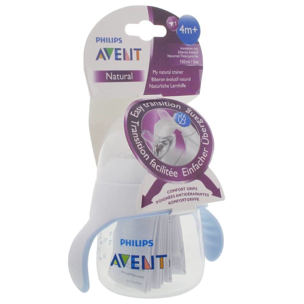 Gobelet d'entraînement avec poignées, emballage. Marque Philips Avent. Recommandé pour 4m+. Texte: Easy transition, 150ml/5oz.