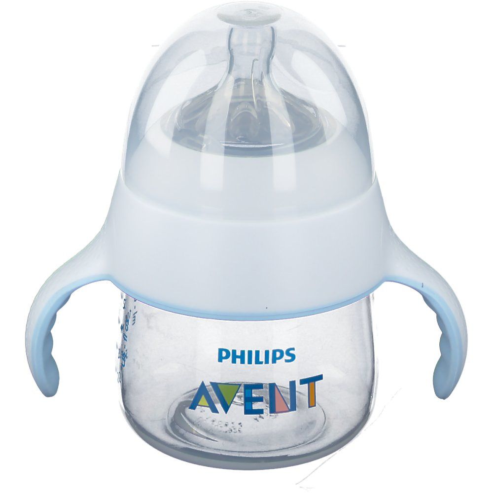 Gobelet d'entraînement avec poignées. Récipient transparent, couvercle et poignées blancs. Marque Philips Avent.