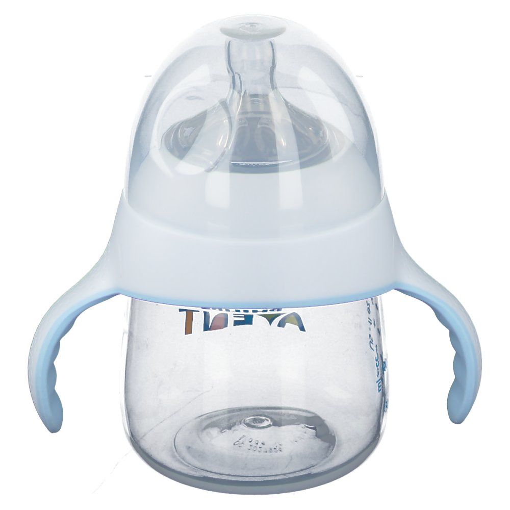 Gobelet d'entraînement avec poignées. Récipient transparent, couvercle et poignées blancs. Marque Philips Avent.