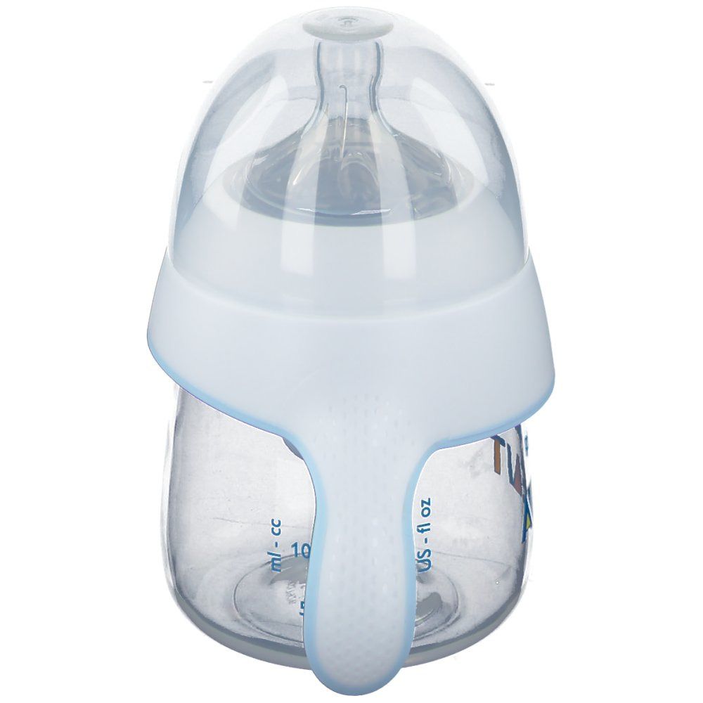 Gobelet d'entraînement avec poignée. Récipient transparent, couvercle et poignée blancs. Marque Philips Avent.