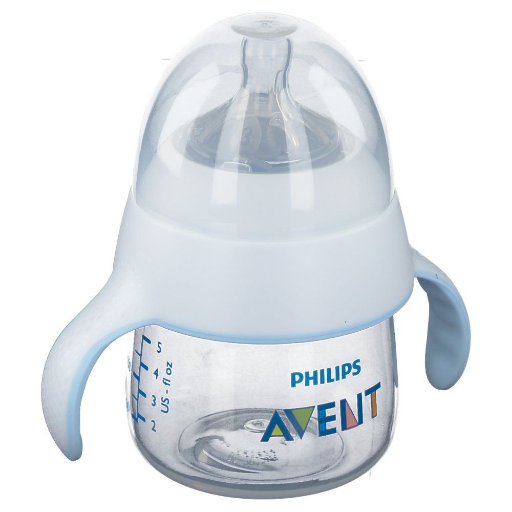 Gobelet d'entraînement avec poignées. Récipient transparent, couvercle et poignées blancs. Marque Philips Avent. Échelle en ml et oz.