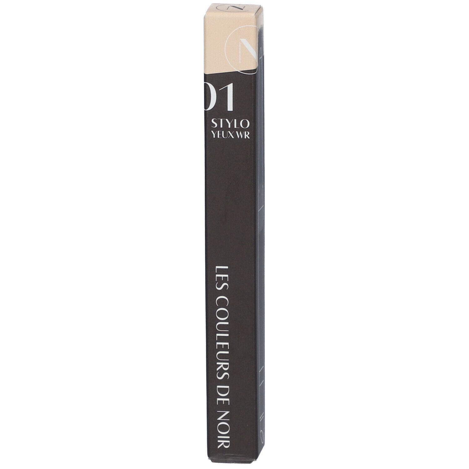 Emballage pour un crayon eyeliner noir. L'emballage porte les mentions « LES COULEURS DE NOIR » et « 01 STYLO YEUX WR ».