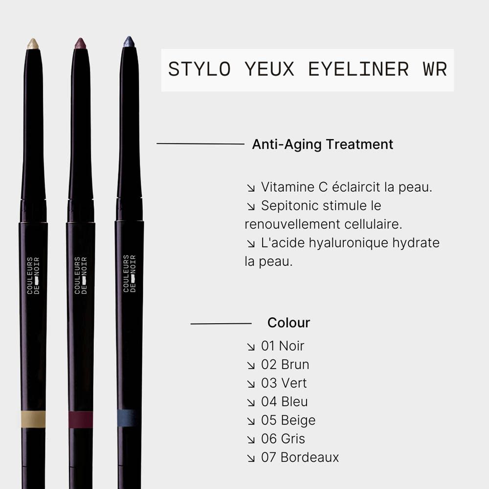 Plusieurs crayons eyeliner avec pointes colorées et texte. Texte : STYLO YEUX EYELINER WR.