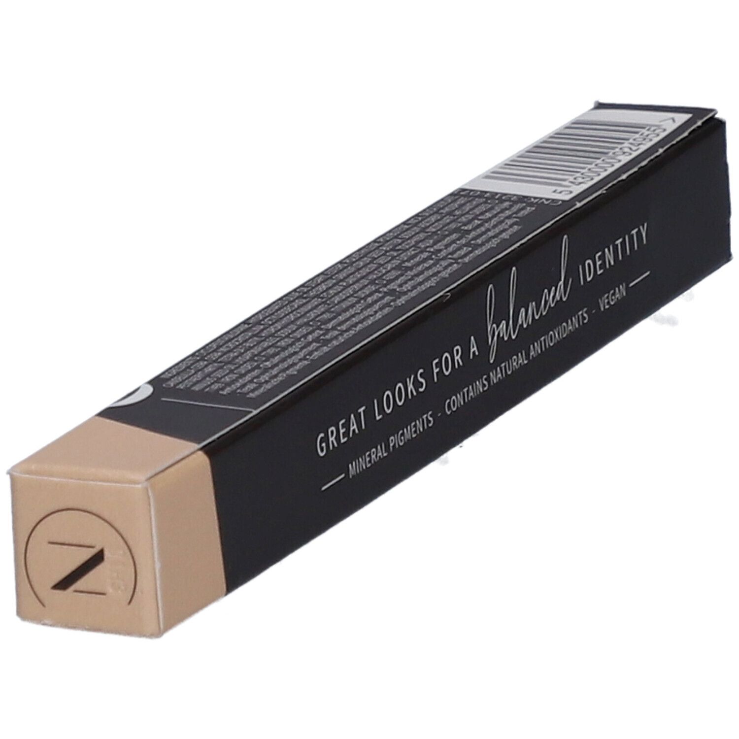 Schwarze Verpackung mit Text: GREAT LOOKS FOR A balanced IDENTITY. Enthält Mineralpigmente, natürliche Antioxidantien, vegan.