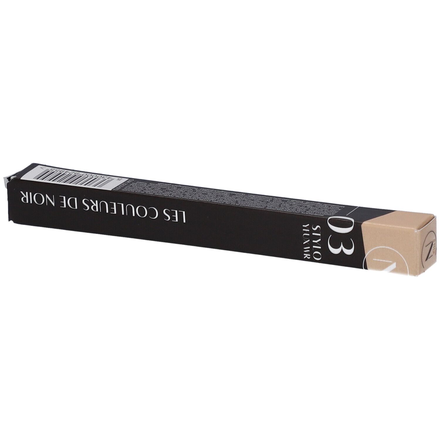 Schwarze Verpackung mit Text: LES COULEURS DE NOIR. Aufschrift: 03 Stylo Yeux. Beige und schwarze Verpackung.