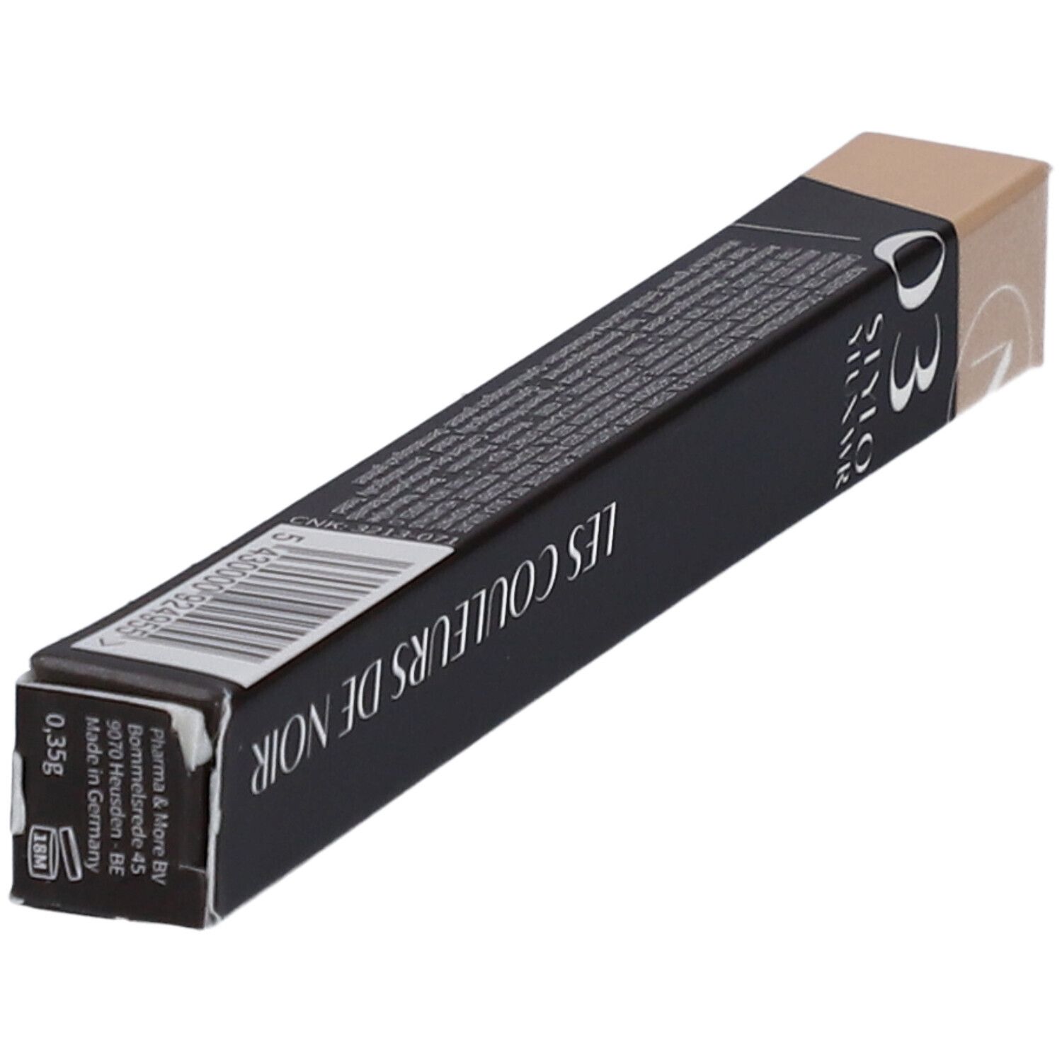 Schwarze Verpackung mit Text: LES COULEURS DE NOIR. Aufschrift: 03 Stylo Yeux. Enthält 0,35g. Hergestellt in Deutschland.