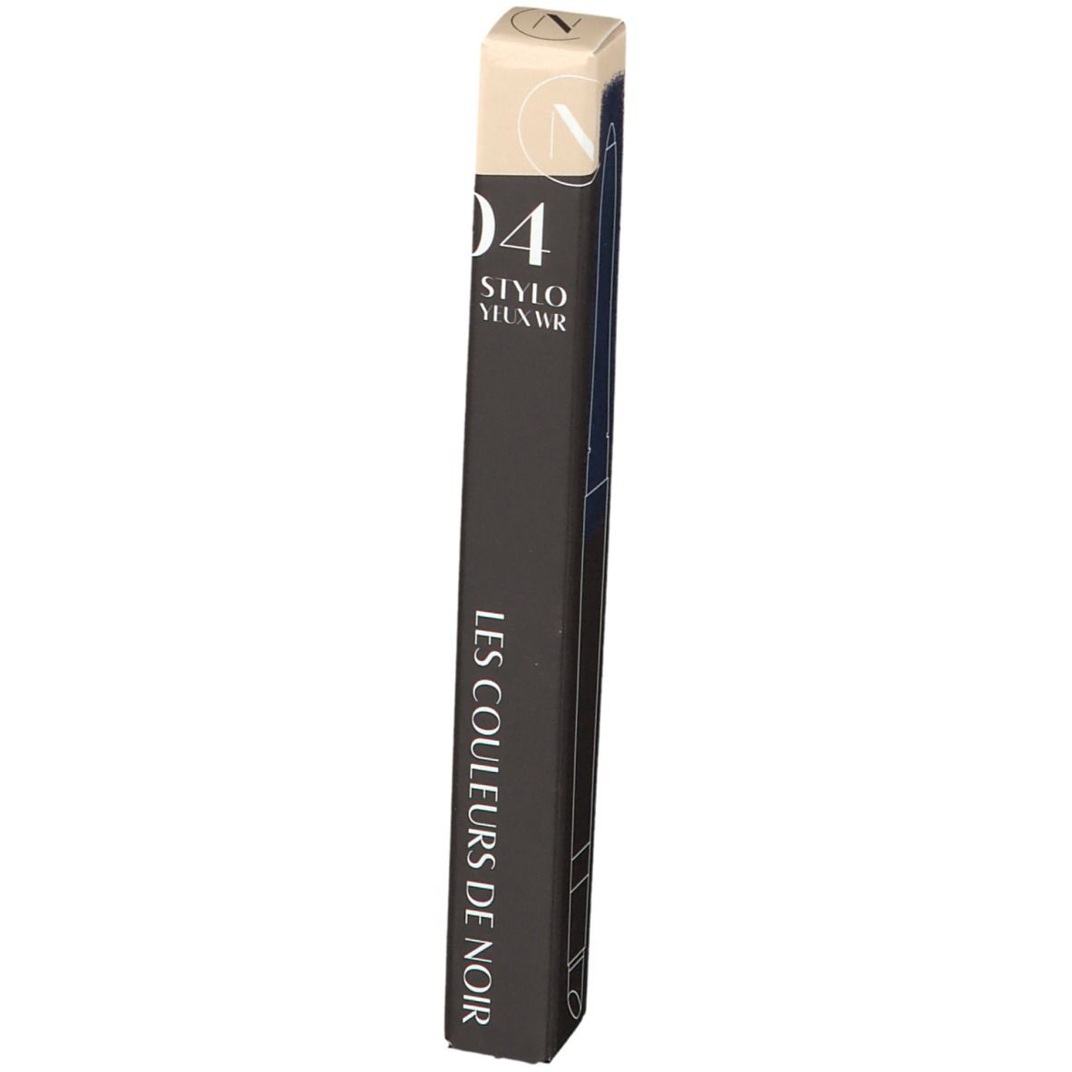 Zwarte verpakking met productinformatie. Opschrift: 04 Stylo Yeux WR, Les Couleurs de Noir.
