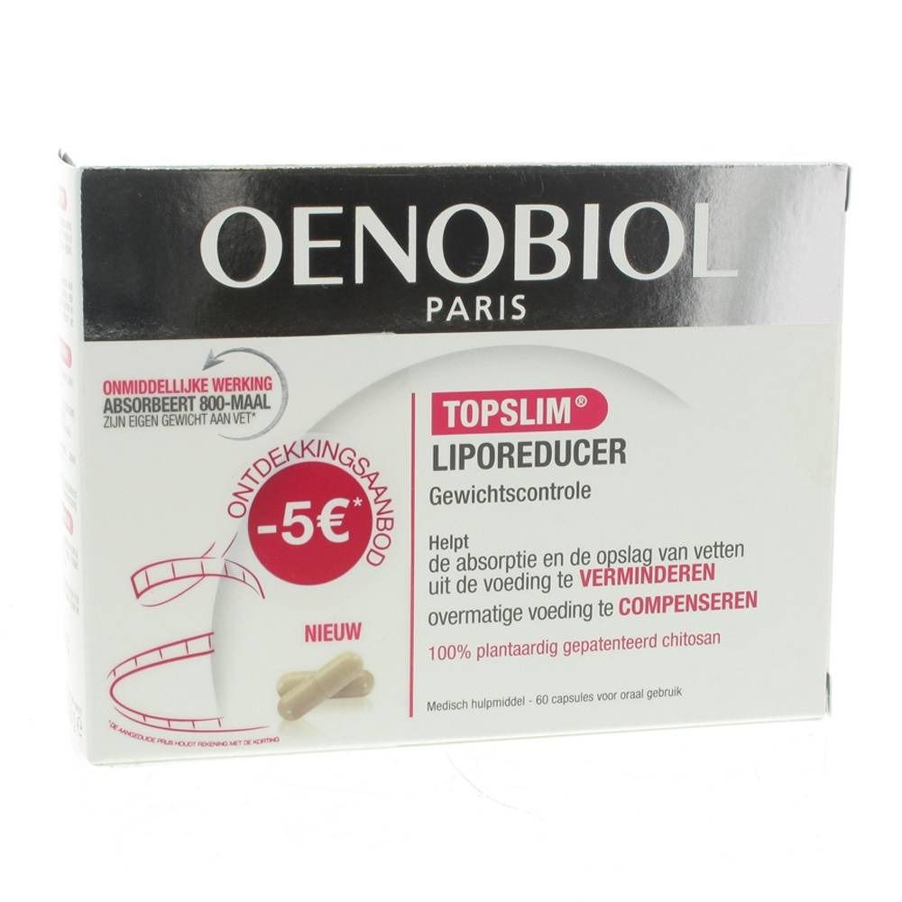 Boîte Oenobiol Topslim Liporeducer. Carton blanc avec nom, logo et message promotionnel. Contient des gélules.