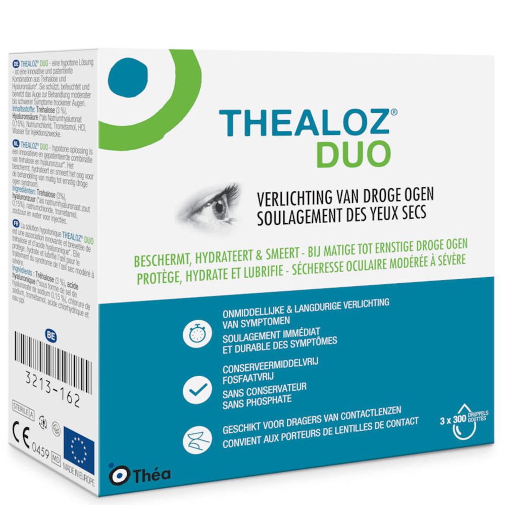 Verpakking van Thealoz Duo. Opschrift: Verlichting van droge ogen. Bevat 3 x 300 unidoses. CE-markering.