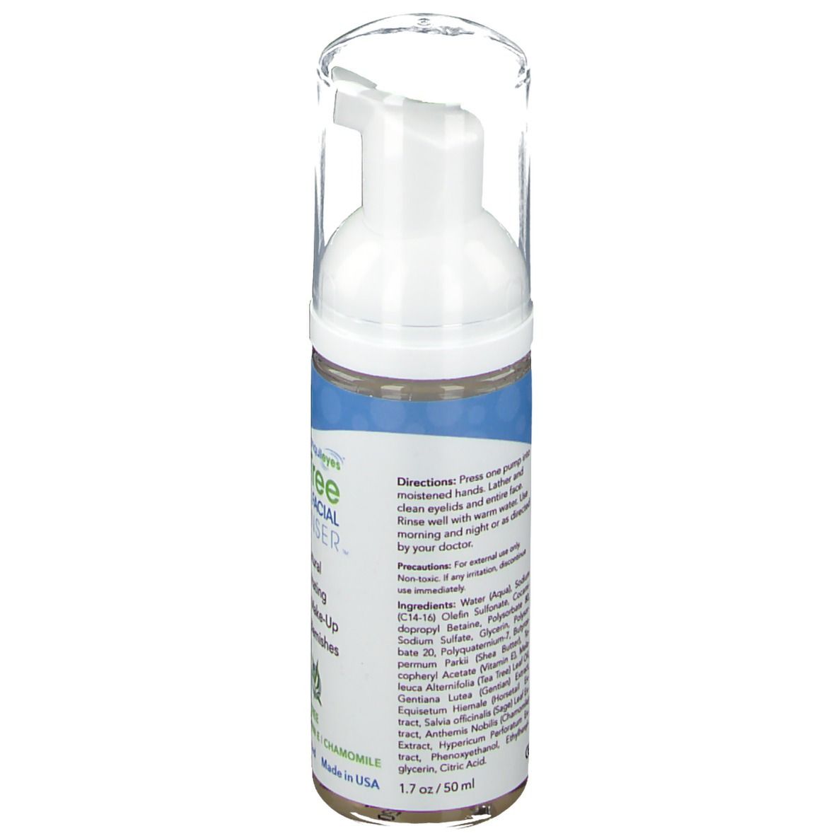 Vue arrière du nettoyant pour paupières et visage. Contient ingrédients et instructions. Distributeur blanc avec couvercle transparent.