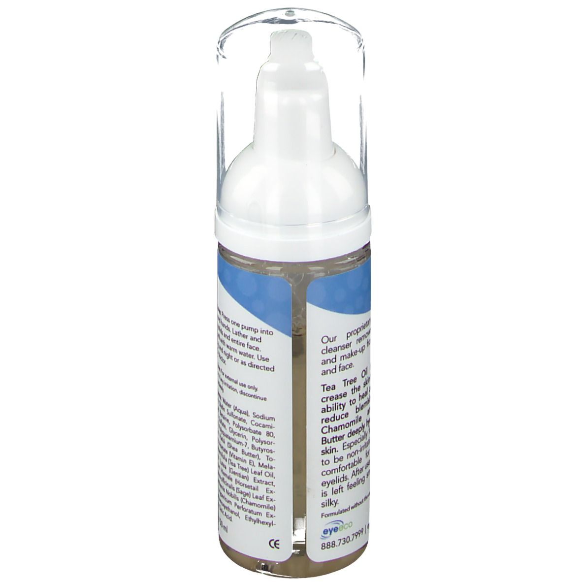 Vue latérale du nettoyant pour paupières et visage. Contient informations et instructions. Distributeur blanc avec couvercle transparent.