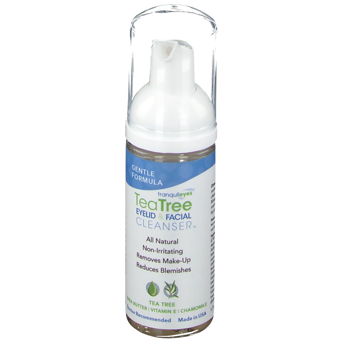 Nettoyant pour paupières et visage. Distributeur blanc avec couvercle transparent. Étiquettes bleues et blanches avec informations.