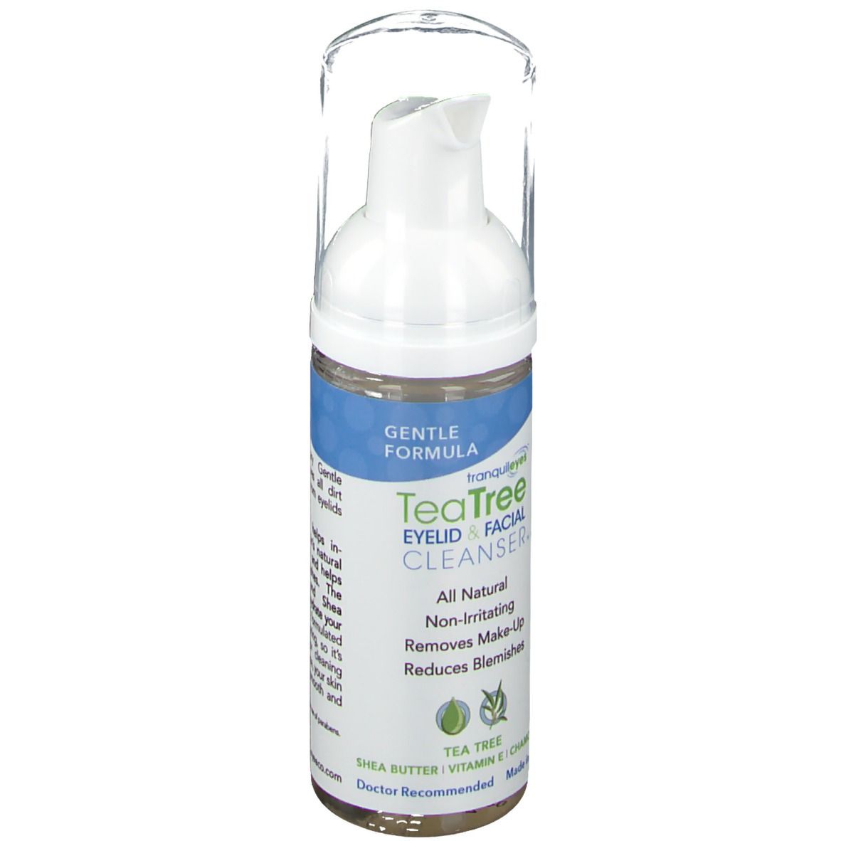 Nettoyant pour paupières et visage. Distributeur blanc avec couvercle transparent. Étiquettes bleues et blanches avec informations.