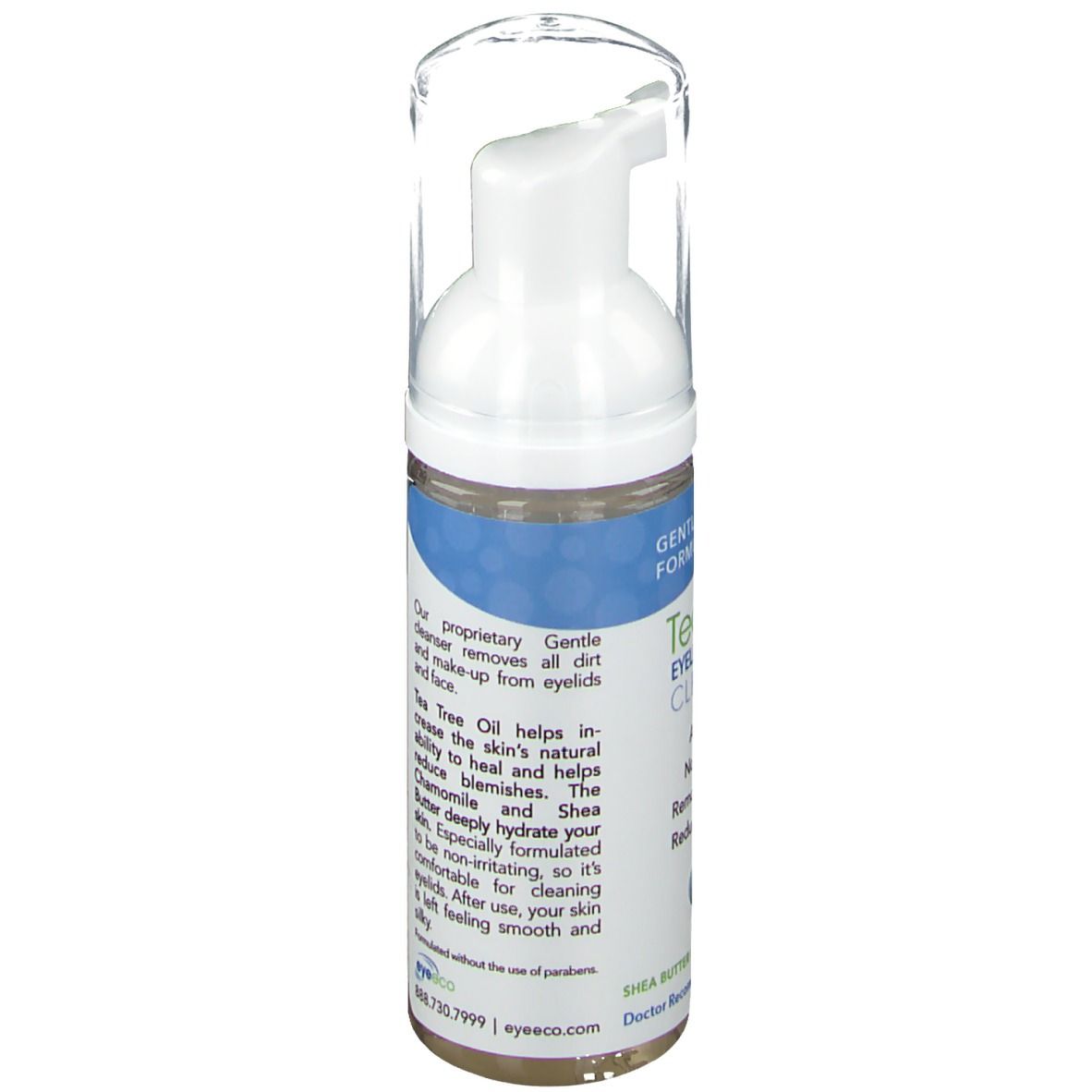 Vue latérale du nettoyant pour paupières et visage. Contient informations et instructions. Distributeur blanc avec couvercle transparent.