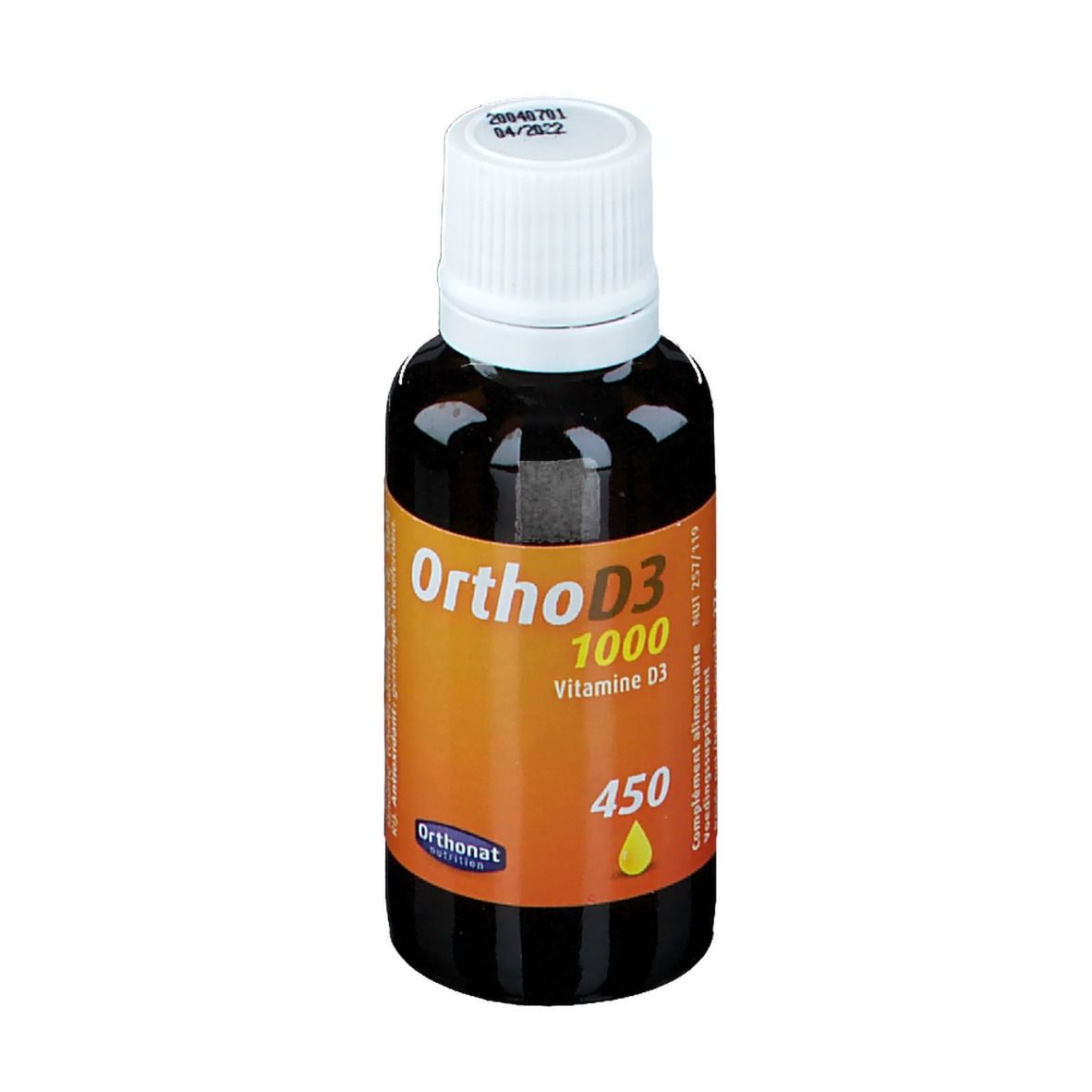 Flacon brun avec bouchon blanc. Étiquette 'Ortho D3 1000' et goutte jaune. Marque : Orthonat.