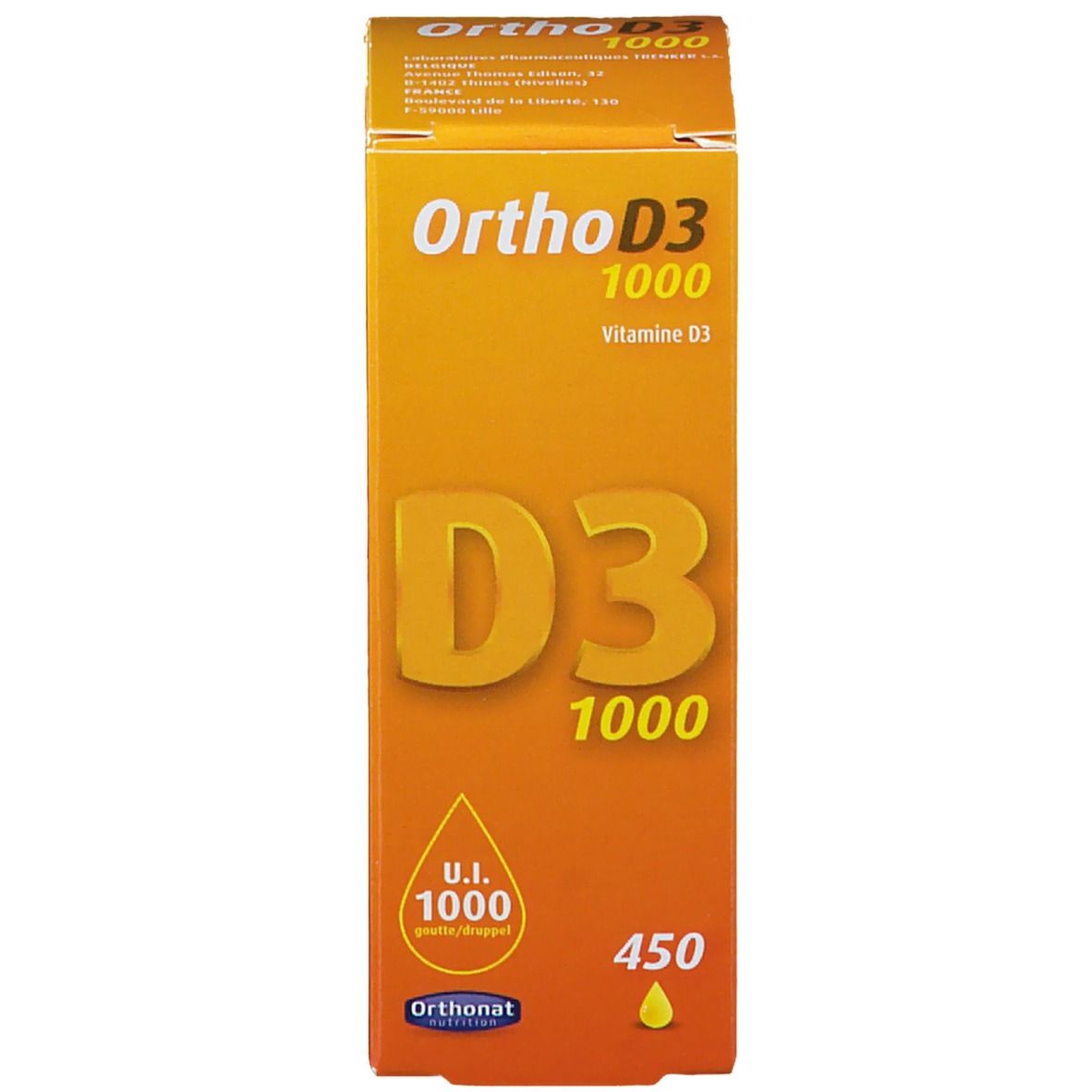 Boîte jaune avec inscription 'Ortho D3 1000'. Goutte jaune. Marque : Orthonat.