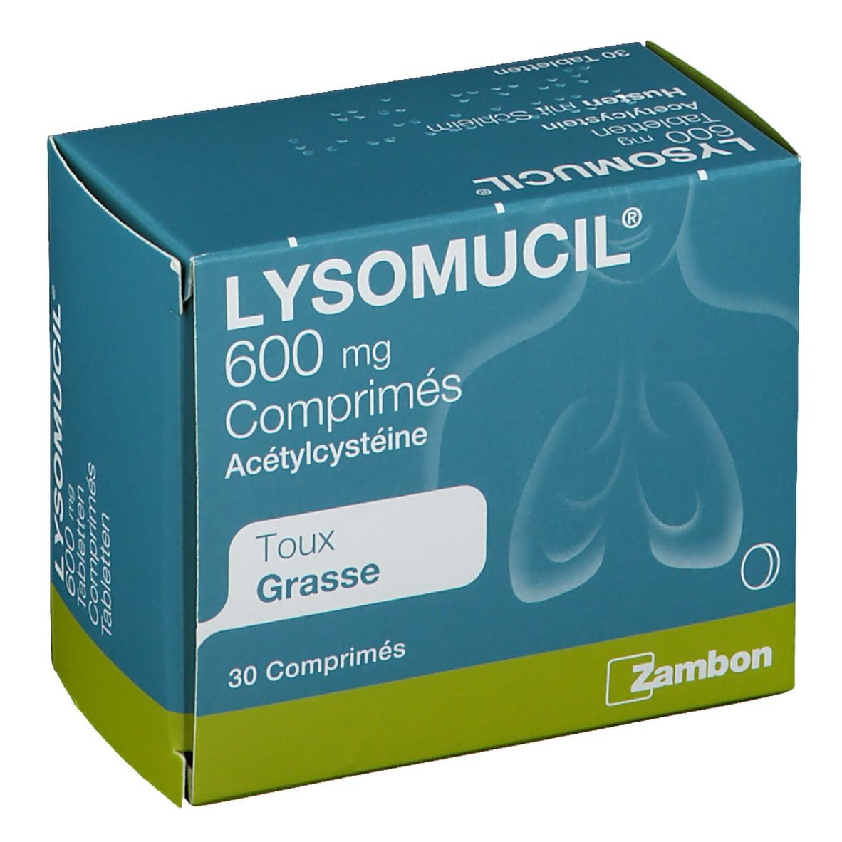 Boîte bleu-vert LYSOMUCIL 600 mg comprimés. Inscription: Toux Grasse, 30 comprimés. Marque Zambon.