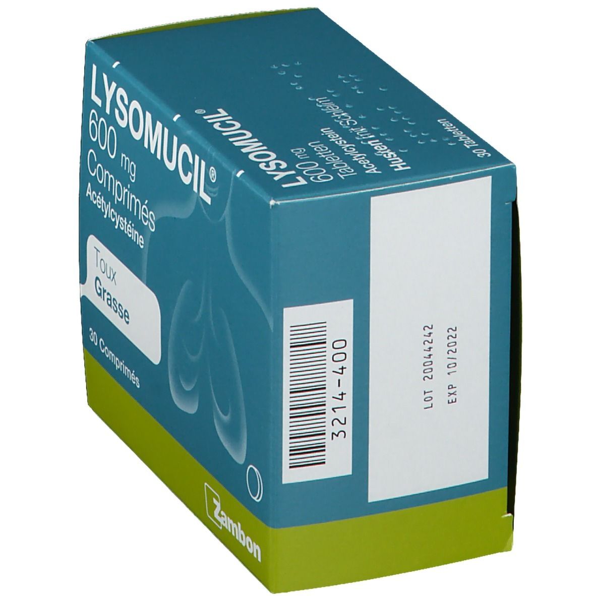 Boîte bleu-vert LYSOMUCIL 600 mg comprimés. Inscription: 3214-400, LOT 20044242, EXP 10/2022. Marque Zambon.