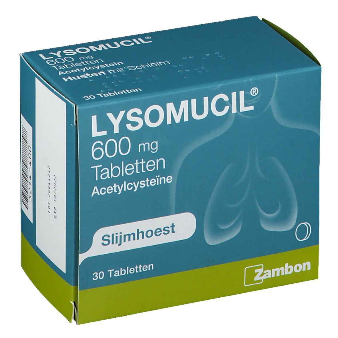 Boîte bleu-vert LYSOMUCIL 600 mg comprimés. Inscription: Slijmhoest, 30 comprimés. Marque Zambon.