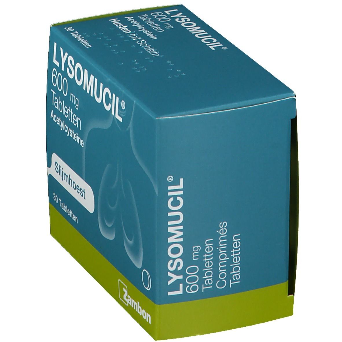 Boîte bleu-vert LYSOMUCIL 600 mg comprimés. Inscription: Slijmhoest, 30 comprimés. Marque Zambon.