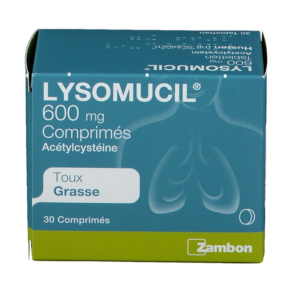 Boîte bleu-vert LYSOMUCIL 600 mg comprimés. Inscription: Toux Grasse, 30 comprimés. Marque Zambon.