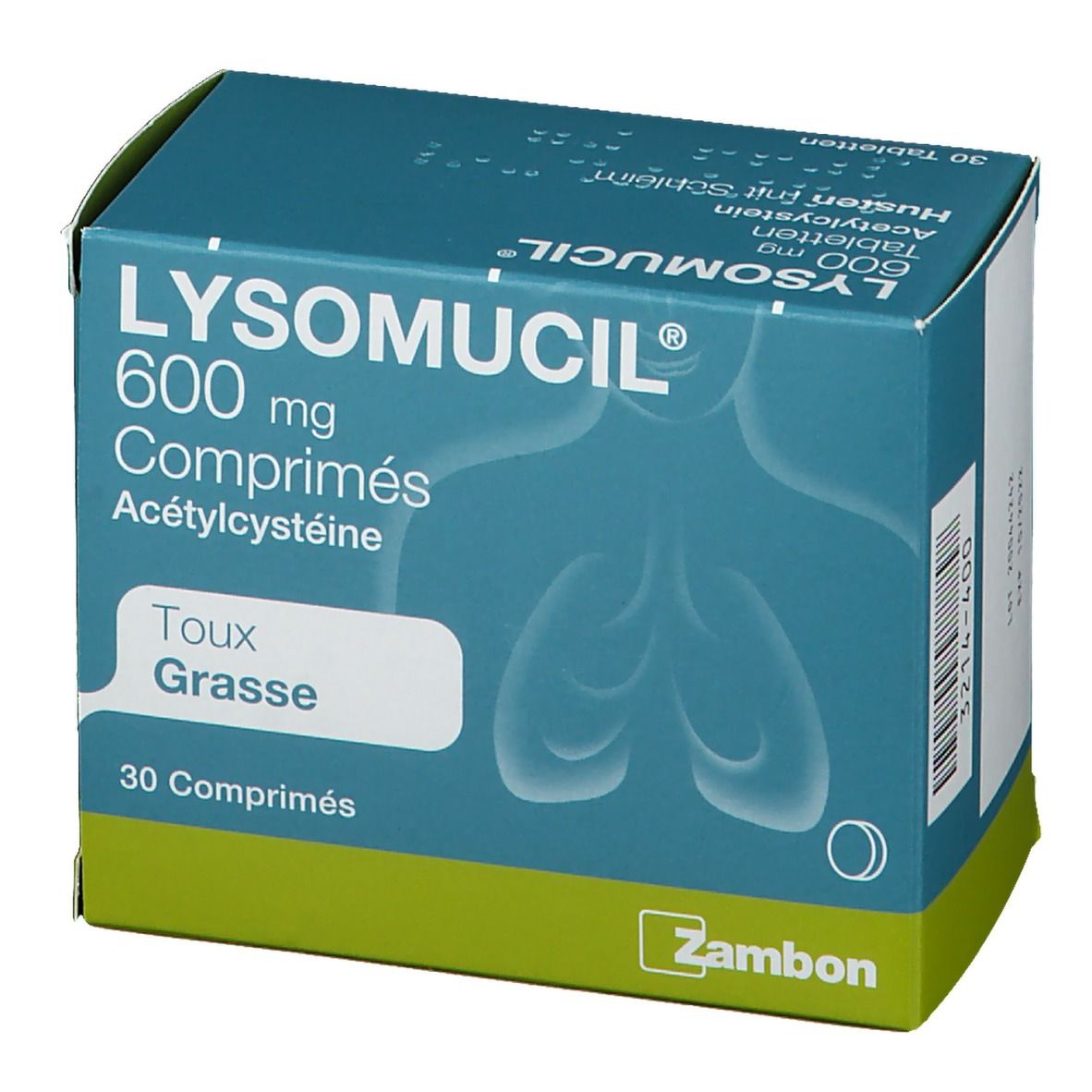 Boîte bleu-vert LYSOMUCIL 600 mg comprimés. Inscription: Toux Grasse, 30 comprimés. Marque Zambon.