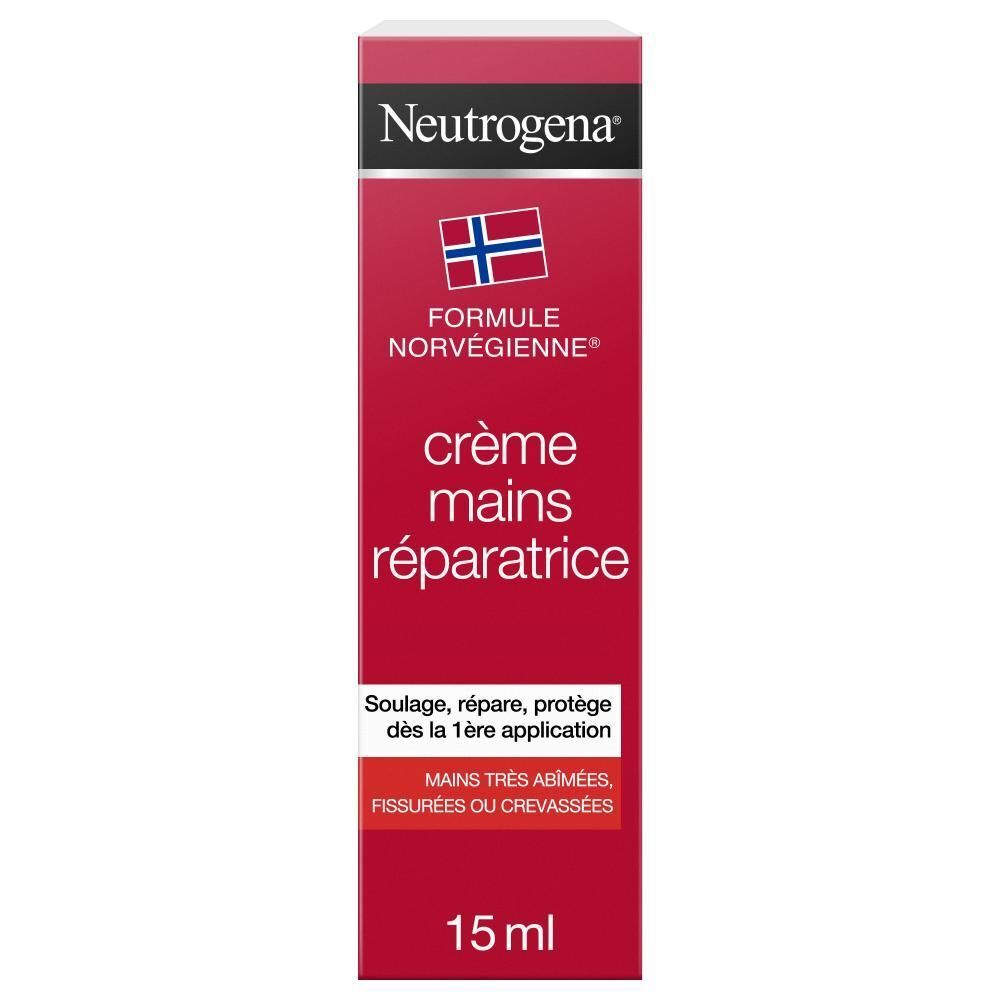 Tube de crème pour les mains rouge, bouchon blanc. Texte : Crème mains réparatrice, 15 ml. Marque : Neutrogena.