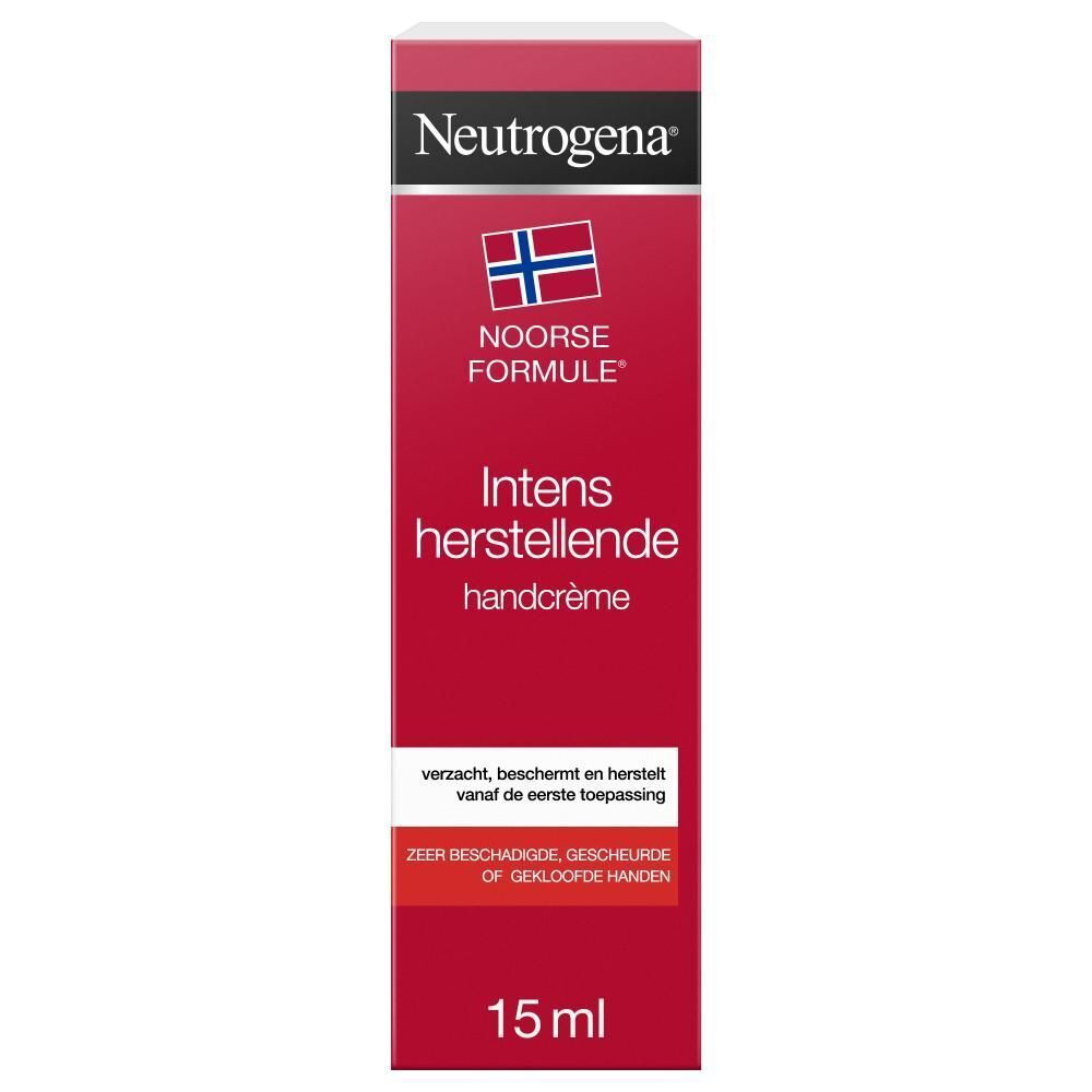 Rode handcrèmetube, witte dop. Tekst: Intens herstellende handcrème, 15 ml. Merk: Neutrogena.