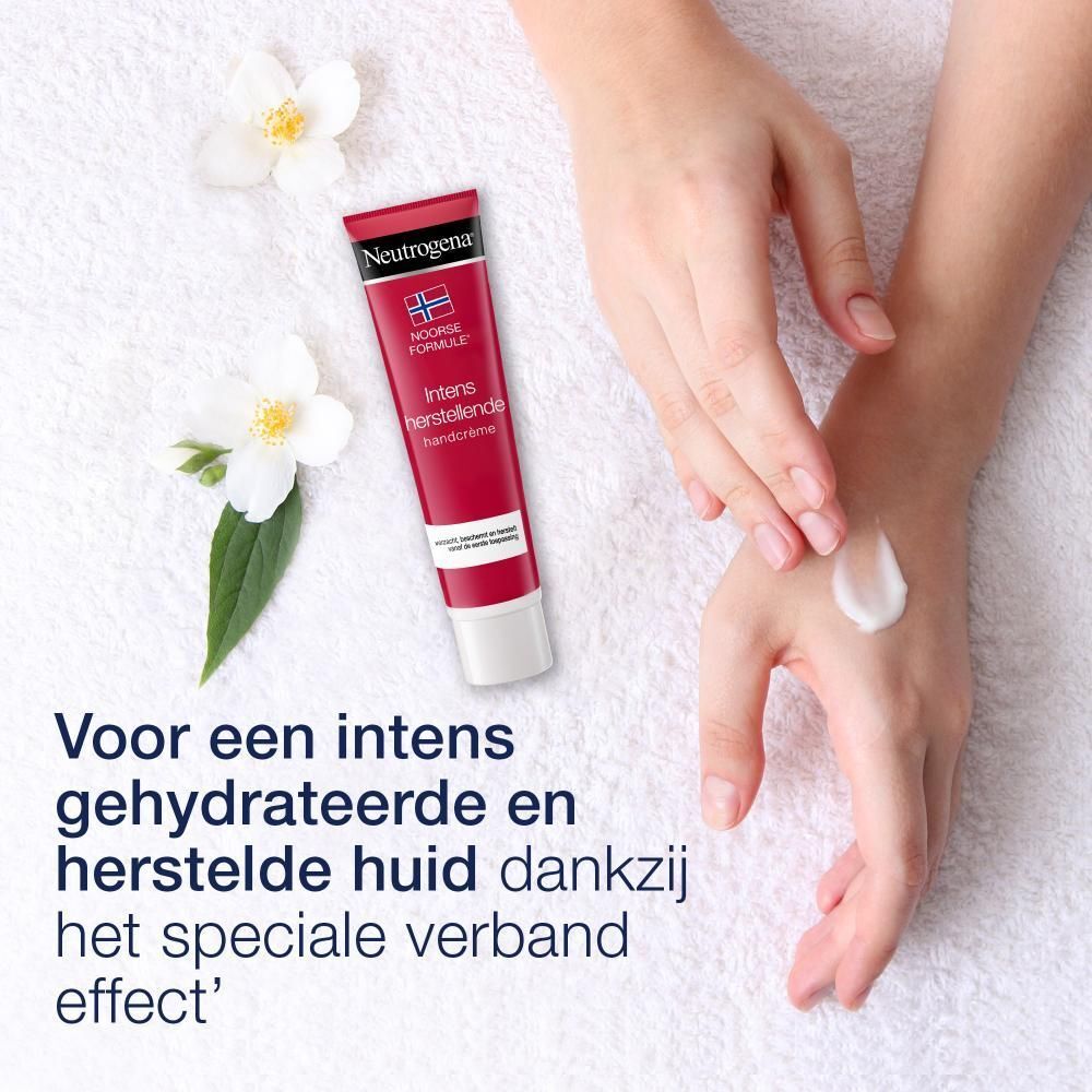 Handcrèmetube, hand, bloemen. Tekst: Intens herstellende handcrème. Merk: Neutrogena.