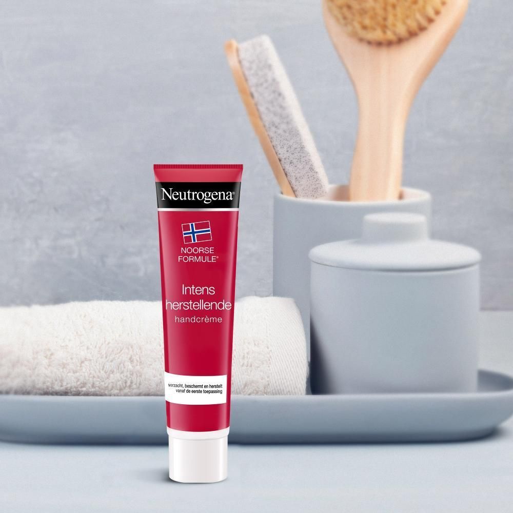 Handcrèmetube, hand, bloemen. Tekst: Intens herstellende handcrème. Merk: Neutrogena.