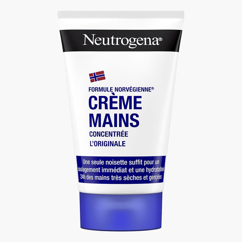 Tube de crème pour les mains Neutrogena. Tube blanc avec bouchon bleu. Texte: Crème Mains Concentrée, Formule Norvégienne.
