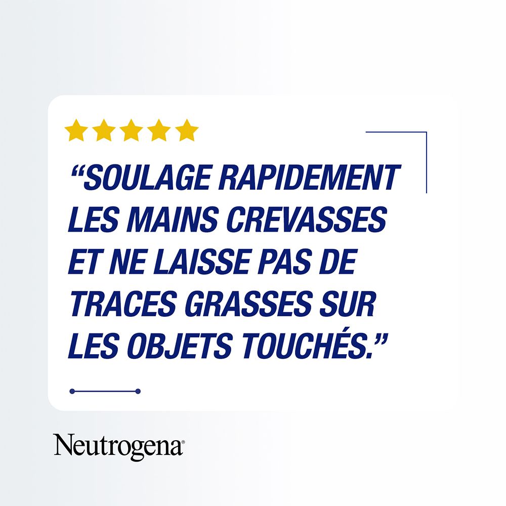 Citation textuelle: Soulage rapidement les mains crevassées et ne laisse pas de traces grasses. Logo Neutrogena.