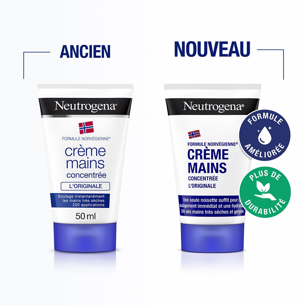 Comparaison de l'ancien et du nouveau tube de crème pour les mains. Texte: Neutrogena, Crème Mains Concentrée, Formule Norvégienne.