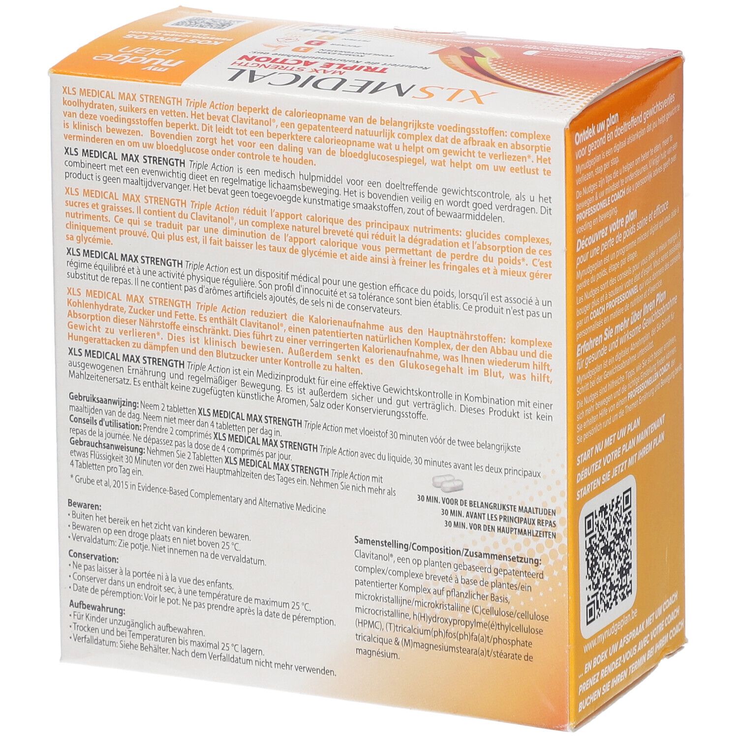 Dos de la boîte de XL-S Medical Max Strength. Texte multilingue. Code QR et logo my nudge plan.