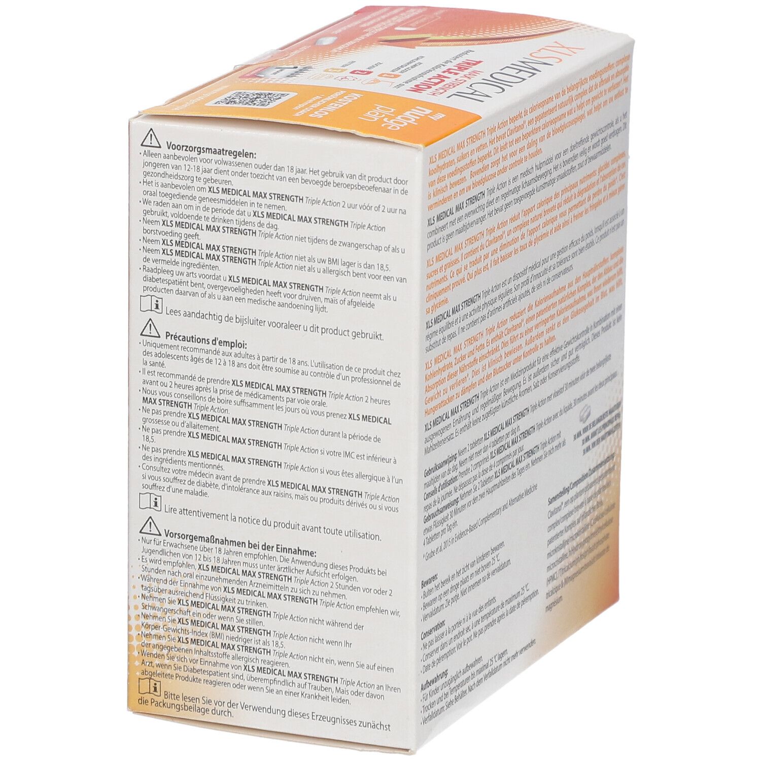 Côté de la boîte de XL-S Medical Max Strength. Texte multilingue. Précautions d'emploi et instructions.