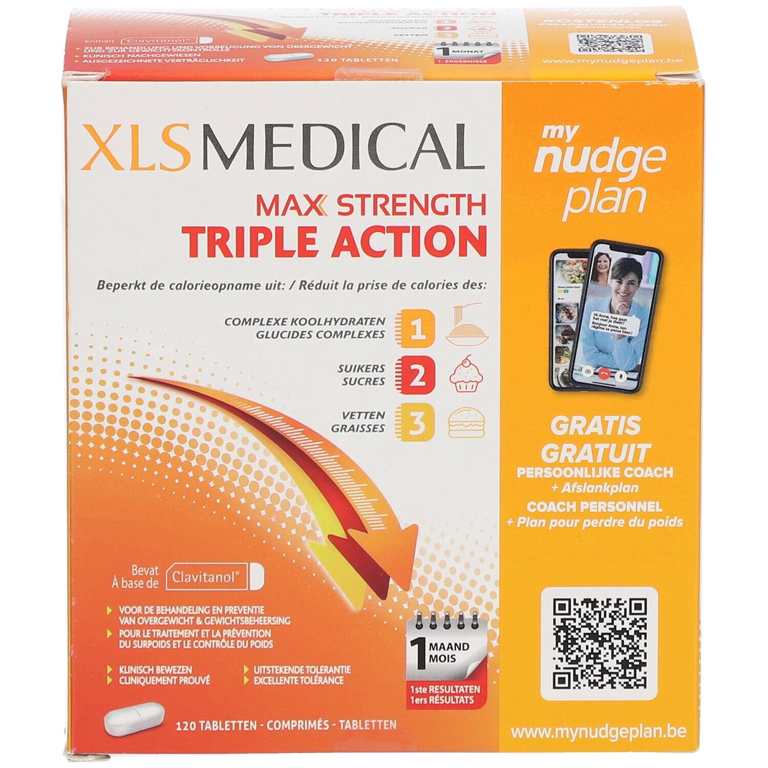 Boîte de XL-S Medical Max Strength. Inscription: Max Strength Triple Action. Contient 120 comprimés. Avec my nudge plan.