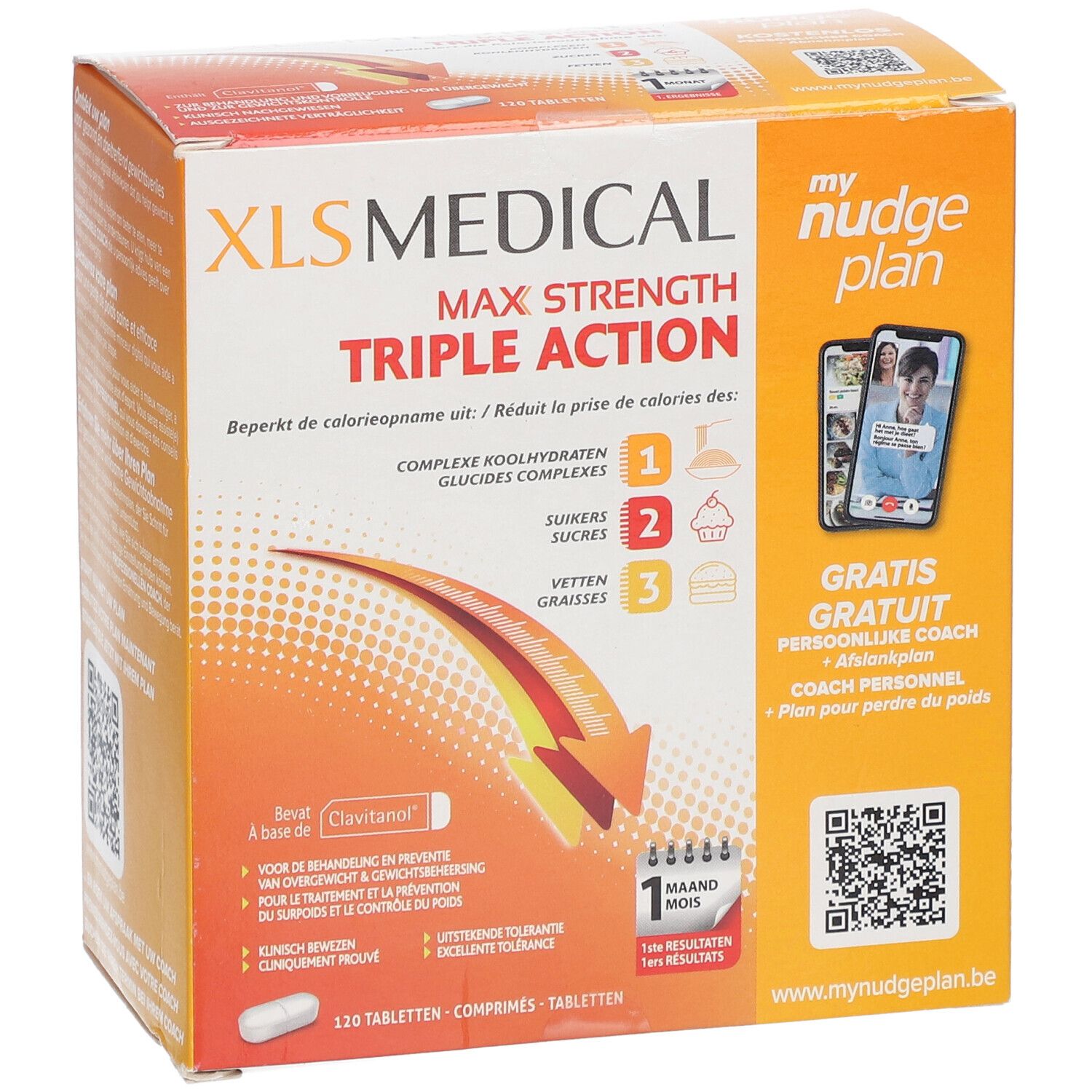 Boîte de XL-S Medical Max Strength. Inscription: Max Strength Triple Action. Contient 120 comprimés. Avec my nudge plan.