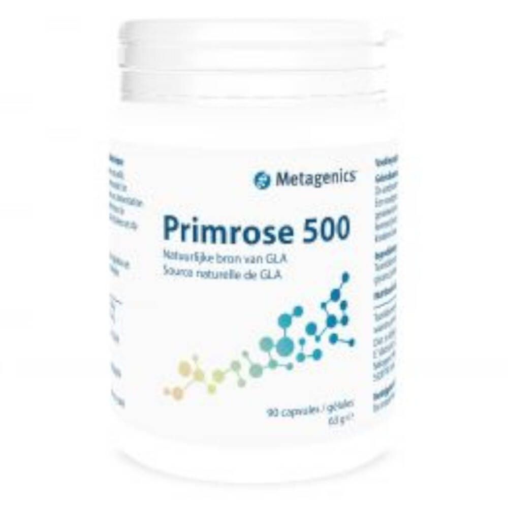 Flacon blanc "Primrose 500" et logo Metagenics. Contient 90 gélules. Source de GLA.