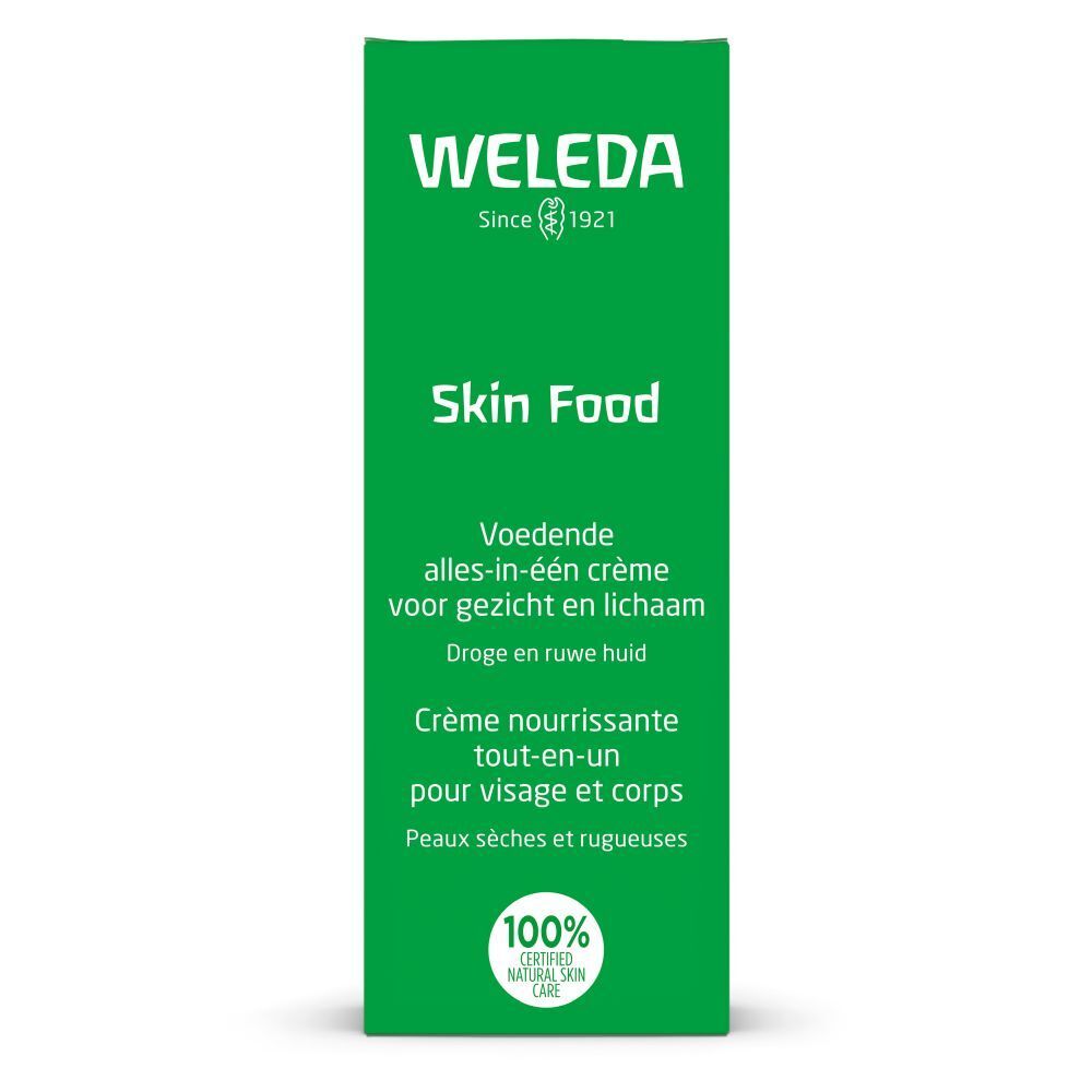 Emballage vert avec texte blanc. Inscriptions: WELEDA, Skin Food. Texte en néerlandais et français. Label: 100% cosmétiques naturels certifiés.