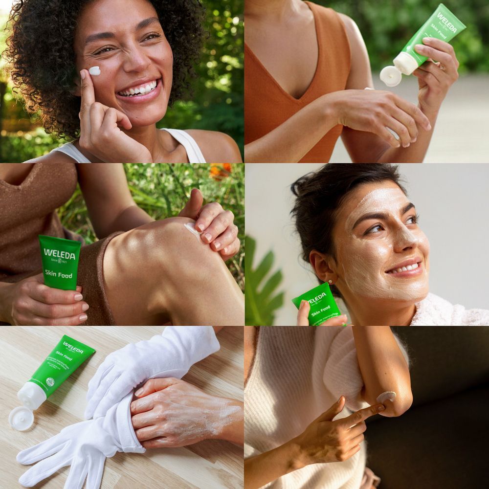 Plusieurs images montrent des personnes utilisant Skin Food. Le tube vert est visible. Certaines personnes ont appliqué la crème.
