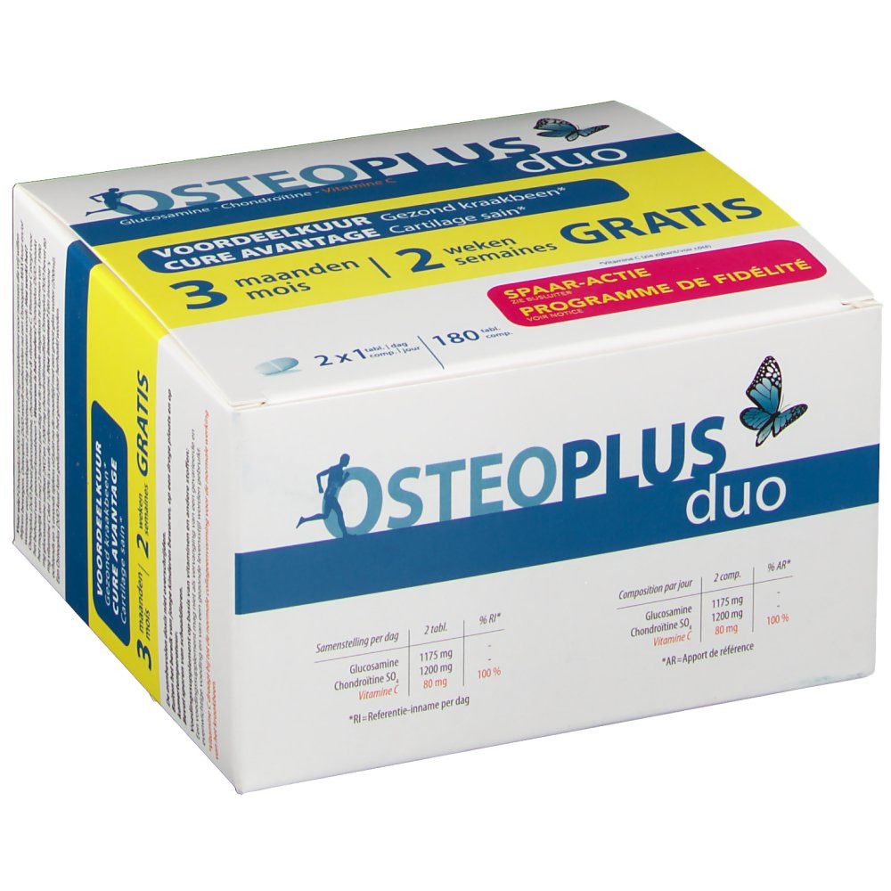Boîte Osteoplus Duo, blanche, bleue et jaune. Texte : 'Osteoplus duo', '3 mois', 'Gratuit'.