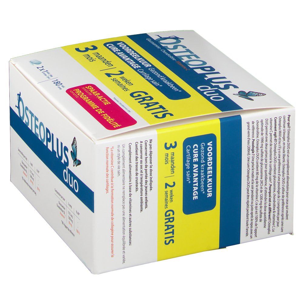 Boîte Osteoplus Duo, blanche, bleue et jaune. Texte : 'Osteoplus duo', '3 mois', 'Gratuit'.